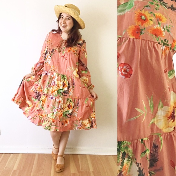 Zara Dresses & Skirts - Zara Tiered Peach Summer Midi Dress Floral Cotton